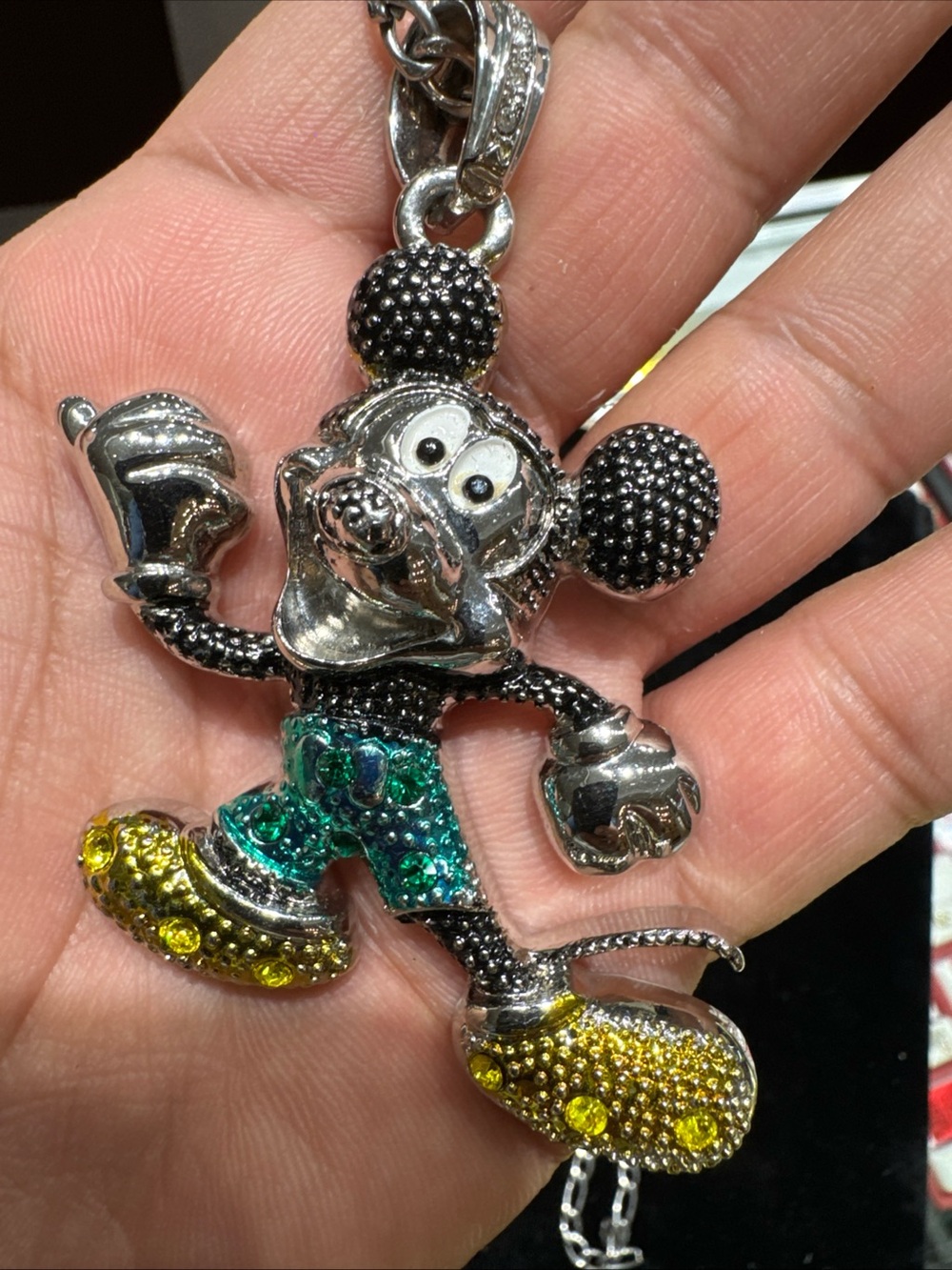 Colorful CZ Mouse Character Pendant Figaro Chain Silver Tone Fashion Necklace